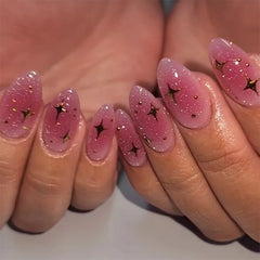 Cyflymder Glitter Powder Stars Pink Halo Dyeing Nail Art Fashion Shiny False Nails Detachable Finished Fake Nails Press on Nails with Glue