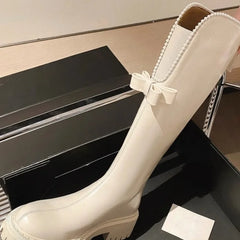 Cyflymder New Long Boot Women's Fashion High-top Knight Boots for Autumn and Winter 2026,Knee-high V-neck Pearl Bow Women's Shoes