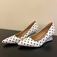 Cyflymder French Sexy Polka Dot Wedge Pointed Toe High Heels Women Shallow Mouth Comfort Height Boost Dress Footwear