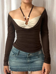 Cyflymder Y2k Slim American Retro Halter Long Sleeve Patchwork Fake Two Piece T-Shirts
