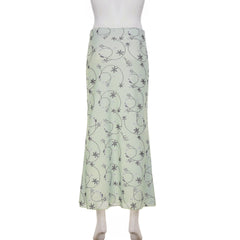 Cyflymder Holiday Floral Mesh Trumpet Skirts Beach Style Slim Low-Waisted Maxi Skirts Women Summer Fashion Streetwear Ladies