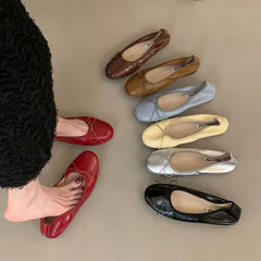 Cyflymder Fashion Round Toe Flats Shoes Women Shallow Ballerina Female Bow Knot Ballet Comfy Leather Loafers Elegant French Chic Footwear