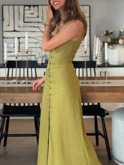 Cyflymder Elegant retro linen maxi dress for women new summer fashion square neck single breasted slim fit chic party evening dress