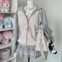 Cyflymder Japanese Y2k Aesthetic Hooded Coats Women Gothic Contrast Color Casual Loose Polka Dot Jackets Harajuku Autumn Zipper Overcoat
