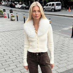Cyflymder Women Detachable Faux Fur Big Collar Ribbed Knit Sweater V‑Neck Button Long Sleeve Cropped Slim Fit Winter Knitted Cardigan