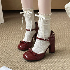 Cyflymder Spring and Autumn Fashion Sweet Style Mary Jane Shoes with Bows, Thick Heels, Slender Toe, Easy-to-Wear Girls' High Heels,35-40