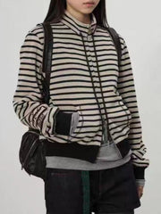Cyflymder Harajuku Vintage Casual Stripe Hoodie Y2k Aesthetic Dual Zippers Grunge Hoody Women Streetwear Stand Neck Drawstring Sweatshirs