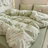 Cyflymder INS French Style Fresh Floral Lace Trim Four-Piece Set Washed Cloud Cotton Quilt Cover Bed Sheet Dormitory Bed Sheet Sets