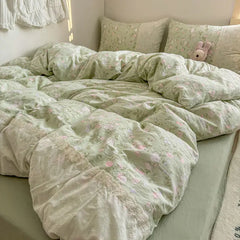 Cyflymder INS French Style Fresh Floral Lace Trim Four-Piece Set Washed Cloud Cotton Quilt Cover Bed Sheet Dormitory Bed Sheet Sets