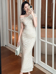 Cyflymder Summer Mesh Print Stretchy Mermaid Dress Women Clothes Elegant Lady Short Sleeve Skinny Midi Folds Robe Party Birthday Vestidos