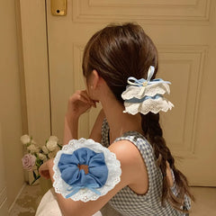 Cyflymder Large Denim Double layered Hair Scrunchies With Lace for Girls and Women Elastic Hair Bands Nordic Style Hair Accessories