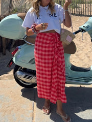 Cyflymder Elegant Summer Red Plaid Midi Skirt For Women Chic High Waist Stacked Ruffle Decoration Midi Skirt Female Party Wear