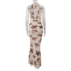 Cyflymder Sexy Vacation Style Print Dresses for Women Swing Collar Sleeveless High Waist Slim Bodycon Long Dress Female New