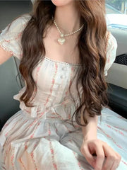 Cyflymder Summer Korean Ruffles Fairy 2 Pieces Set Vintage Women Square Collar Princess Kawaii Floral Print Blouse+High Waist Skirts Suits