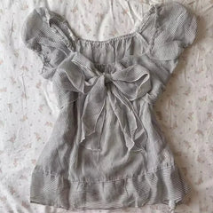 Cyflymder French Design All Match Striped Temperament Women Clothes Fashion Front Cross Bow Summer Slim T Shirts Y2k Aesthetic Punk Tops