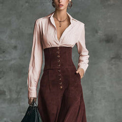 Cyflymder Women Elegant Light Pink Vertical Stripe Shirt Dress Chic High Waist Button Vintage Spring Maxi Dress Female Office Lady Dresses