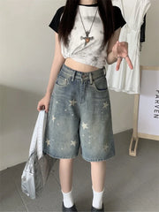 Cyflymder Women's Retro Style Star Print Denim Shorts Summer Quarter Bottoms Wide Leg Capris Female High Waist Straight Kenn-length Jeans