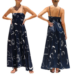 Cyflymder Spaghetti Straps Flowy A-Line Long Dress Women's Summer Printed Backless Sleeveless Slip Swing Dress for Party Vacation Street