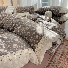 Cyflymder 3/4Pcs Korean Princess Style Floral 100% Cotton Bedding Set Vintage French Lace Duvet Cover Bed Sheet Fitted Sheet Pillowcases