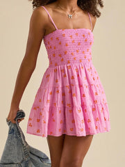 Cyflymder Women s Boho Chic Halter Neck Floral Print Sleeveless Backless Mini Dress Summer Beach A Line Sundress with Adjustable Straps