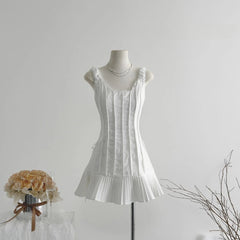 Cyflymder French Sweet Lace Spliced Tie up Pleated Slip Dress Summer New Korean Chic Sleeveless Waist Slimming Short White Dress for Women