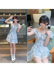 Cyflymder Artistic Short Skirt Dress Women's Summer Dopaamine First Love Pure Blue Floral Puffy Cake Dress Milk Breathiness