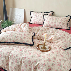Cyflymder Korean Princess Floral Ruffles 100% Cotton Double Layer Yarn Soft Bedding Set Single Queen King Duvet Cover Bed Sheet Pillowcase