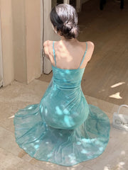 Cyflymder Sexy Printed Mesh Suspender Party Dress Women Elegant Fashion Backless High Waist Slim Fit Mermaid Long Dresses Summer