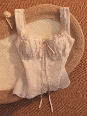 Cyflymder Tie Bow ruffled Ruched Chest embroidery Camisole women Summer Tank Tops single-breasted Girl Slim Crop Top cami