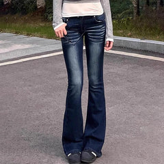 Cyflymder Women Vintage Deep Blue Jeans Sexy Low Rise Slightly Bell-Bottom Trousers 2025 New Spring Summer Skinny Slimming All-Match Jeans