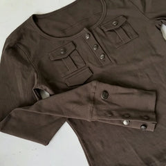 Cyflymder Workwear Pocket Punk Henry Long Sleeve Top Brown Button Roundneck Y2K Half Button Flip Gothic Street Retro High Street Casual