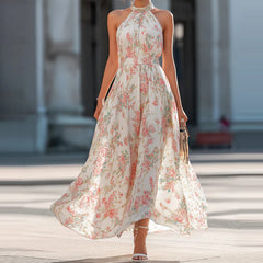 Cyflymder Temperament Chiffon Sleeveless Party Dress Elegant Lady Off Shoulder Pleated Maxi Dress Floral Printed Slim Halter Evening Dress