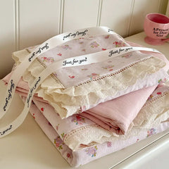 Cyflymder Korean Style Girly Heart Floral Double Layer Gauze Four-Piece Set Princess Style Lace Trim Quilt Cover Bed Sheet Dormitory