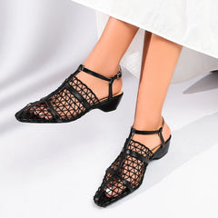 Cyflymder Vintagel Black Patent Ankle Strap Low Heel Sandals Women Spring Hollow Out Mesh Pointed Toe Sandals Woman Sexy Gladiator Shoes