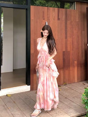 Cyflymder Beach Vaion Sle Floral Print Maxi Dr Pink Bal Gauze Hem A-Line Skirt High Waist Svel V-Ne Loose Fit