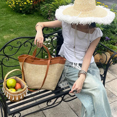 Cyflymder Summer Large Capacity Tote Bag Women Shoulder Bag Handmade Woven Bag Fresh Rural Handheld Grass Woven Women Bag