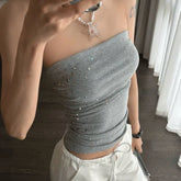 Cyflymder Korean Sexy Office Lady Strapless Y2k Aesthetic All Match Luxury Diamond Appliques Slim Harajuku Punk Tops Backl Bow Design Tee