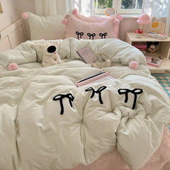 Cyflymder 3/4Pcs Korean Princess Style Soft Washed Cotton Bow Lattice Pompom Bedding Set Single Queen Duvet Cover Bed Sheet Pillowcases
