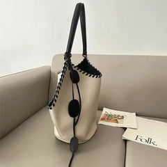 Cyflymder Fashion Off White Tote Bag Women Woven Handle Canvas Large Capacity Handbag Ladies Casual Commuter Versatile Shoulder Bucket Bag