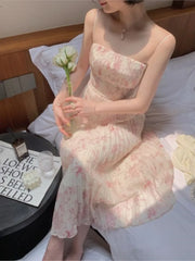 Cyflymder Spring Summer Dress Cardigan Floral Suspender Skirt Two-piece Suit Dress Women A Line Vintage Korean Midi Dresses