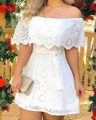 Cyflymder Hollow Out White Dress Women Summer Off Shoulder Lace Up Mini Dress Fashion Lace Splicing Holiday Long Dresses