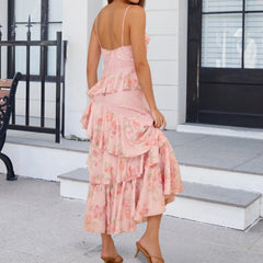 Cyflymder Women s Floral Print Slip Dress Sleeveless Spaghetti Strap V-Neck Backless Tiered Ruffled A Line Dress