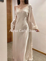 Cyflymder Autumn Silk Sexy Lace Dress Women Casual Korean Elegant Long Dresses Female Fashion Court Party Matching Two Piece Clothing