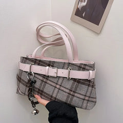 Cyflymder New Handbag Boho Shoulder Bag Bell Pendant Lightweight Tote Bag Plaid Underarm Bag Women Soft PU Checked Tote Cloth Shopping Bag