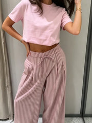 Cyflymder Striped Drawstring Wide Leg Pants Women High Waist Side Pocket Vertical Stripe Bottom Lady's Casual Outdoor Streetwear Trousers