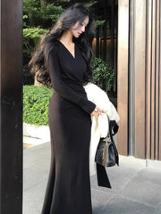 Cyflymder Korean Solid Mermaid Dress for Women Autumn V-neck Long Sleeve Folds Slim Bodycon Vestidos Elegant Evening Party Prom Robe Mujer