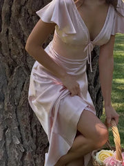 Cyflymder Women Pink Satin Midi Dress Deep V Neck Lace Trim Flutter Short Sleeves Ruched Waist Slit Vestido Fashion Vacation Outfits