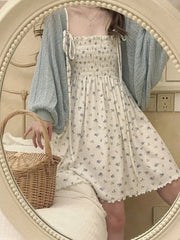 Cyflymder White Dresses Women Summer Sleeveless Floral Pattern A-Line Spaghetti Strap Dress for Kawaii Girls