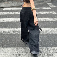 Cyflymder Women Striped Relaxed Fit Jeans Retro Low Rise Wide Leg Denim Pants Grunge Loose Trousers Spring Y2K Clothes