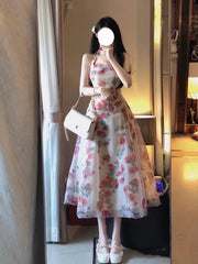 Cyflymder Halter Rose Printed Women's Dresses Vintage Slash Neck Spaghetti Strap Summer Floral Dress Sexy High Street Evening Dress